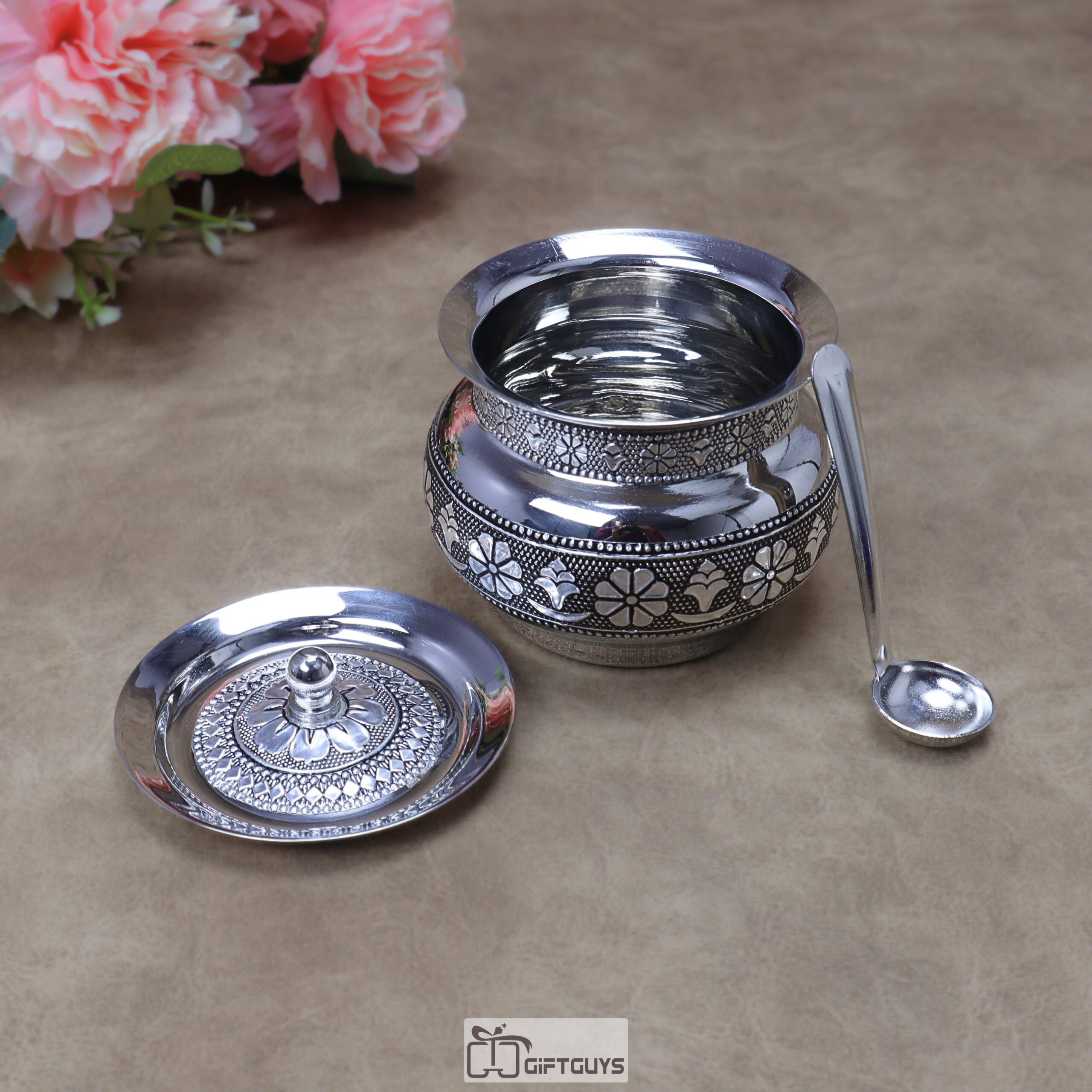 Handcrafted Oxidized Stainless Steel Matki Pot with Lid & Spoon – Traditional Antique Silver Embossed Handi Container for Ghee, Curd & Chutney - Image 2