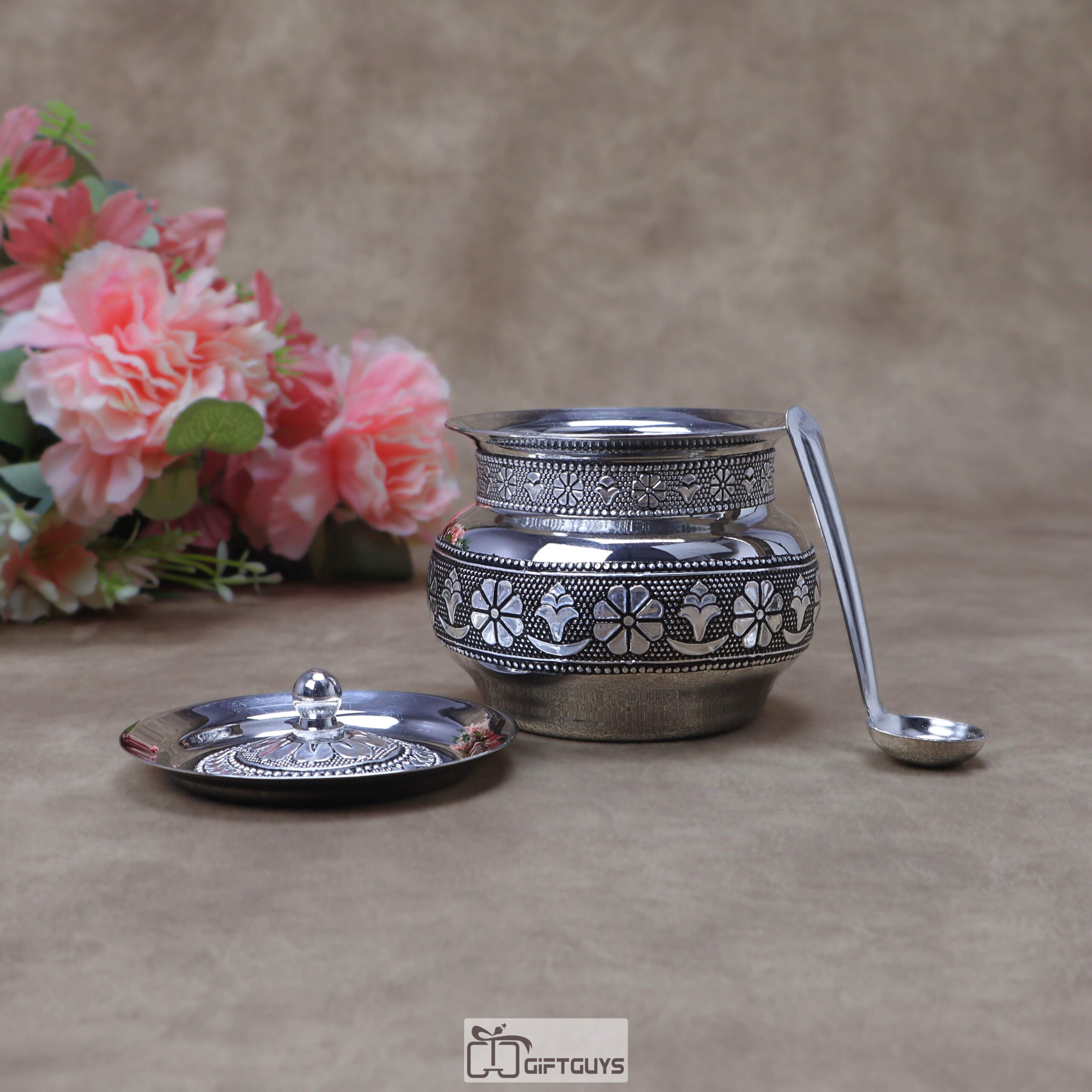 Handcrafted Oxidized Stainless Steel Matki Pot with Lid & Spoon – Traditional Antique Silver Embossed Handi Container for Ghee, Curd & Chutney - Image 4