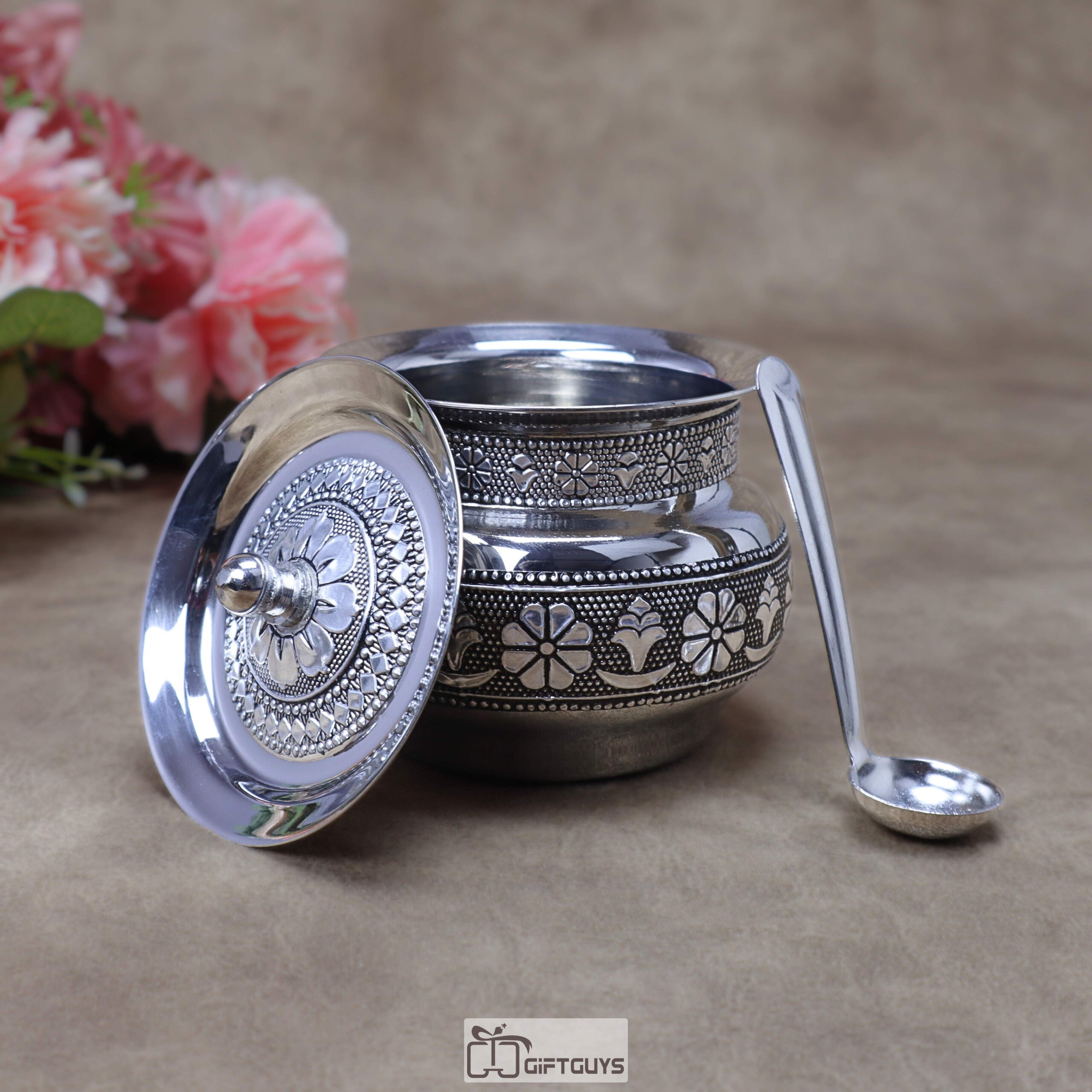 Handcrafted Oxidized Stainless Steel Matki Pot with Lid & Spoon – Traditional Antique Silver Embossed Handi Container for Ghee, Curd & Chutney - Image 5