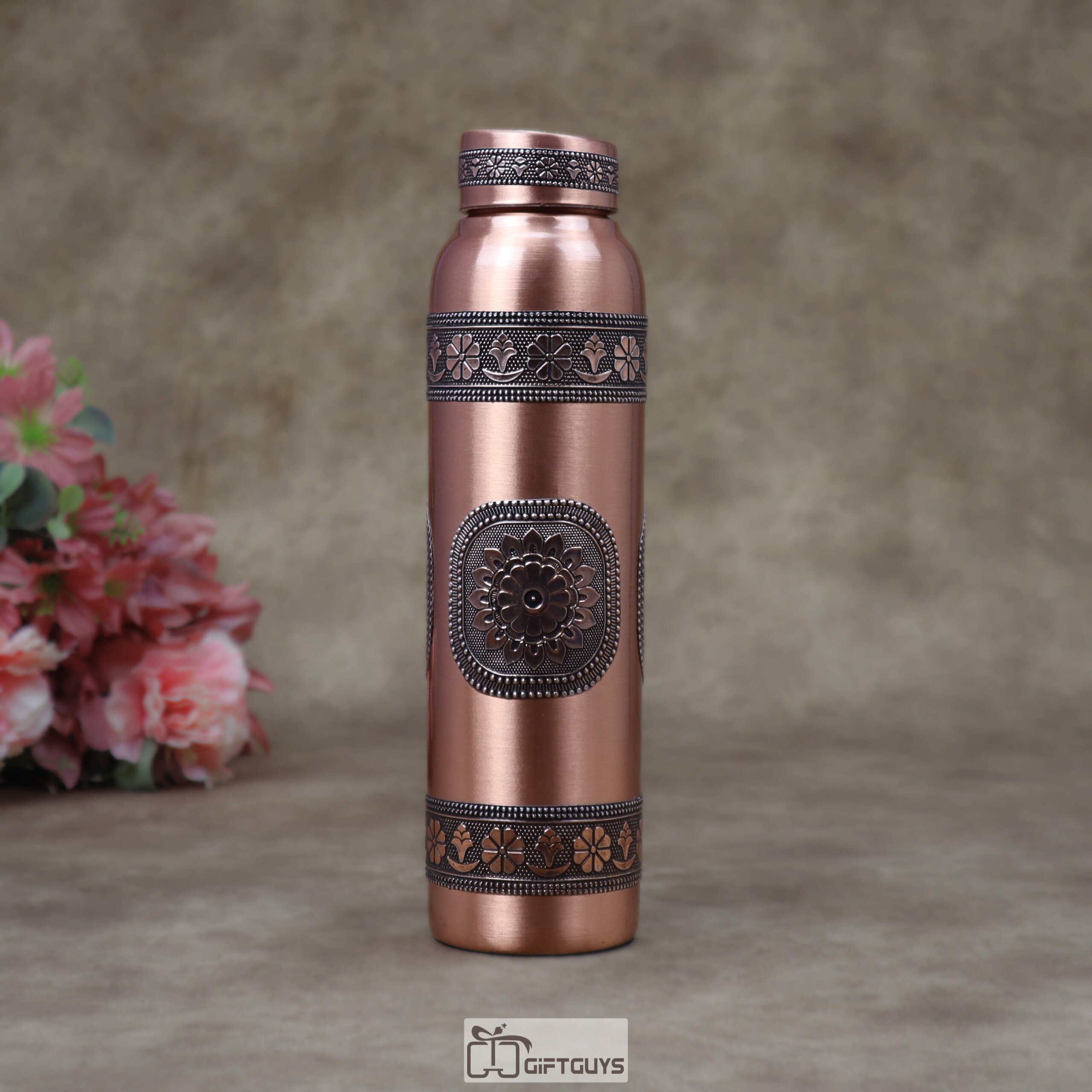Pure Copper Water Bottle with 2 Matching Glasses Set (1 Litre Bottle & 250ml Tumblers) – Designer Embossed Foil Work Ayurveda Gift Combo - Image 4