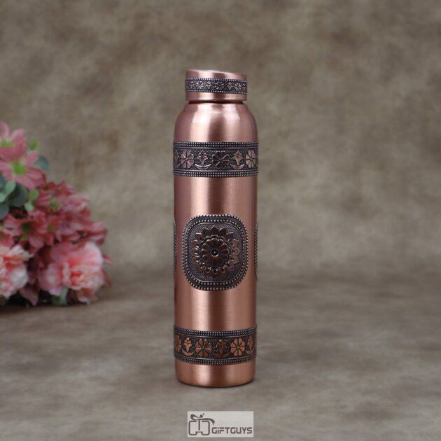 1 Litre Pure Copper Water Bottle with Embossed Aluminum Foil Design – 11 Inch Designer Ayurveda Health Bottle with Leak-Proof Cap