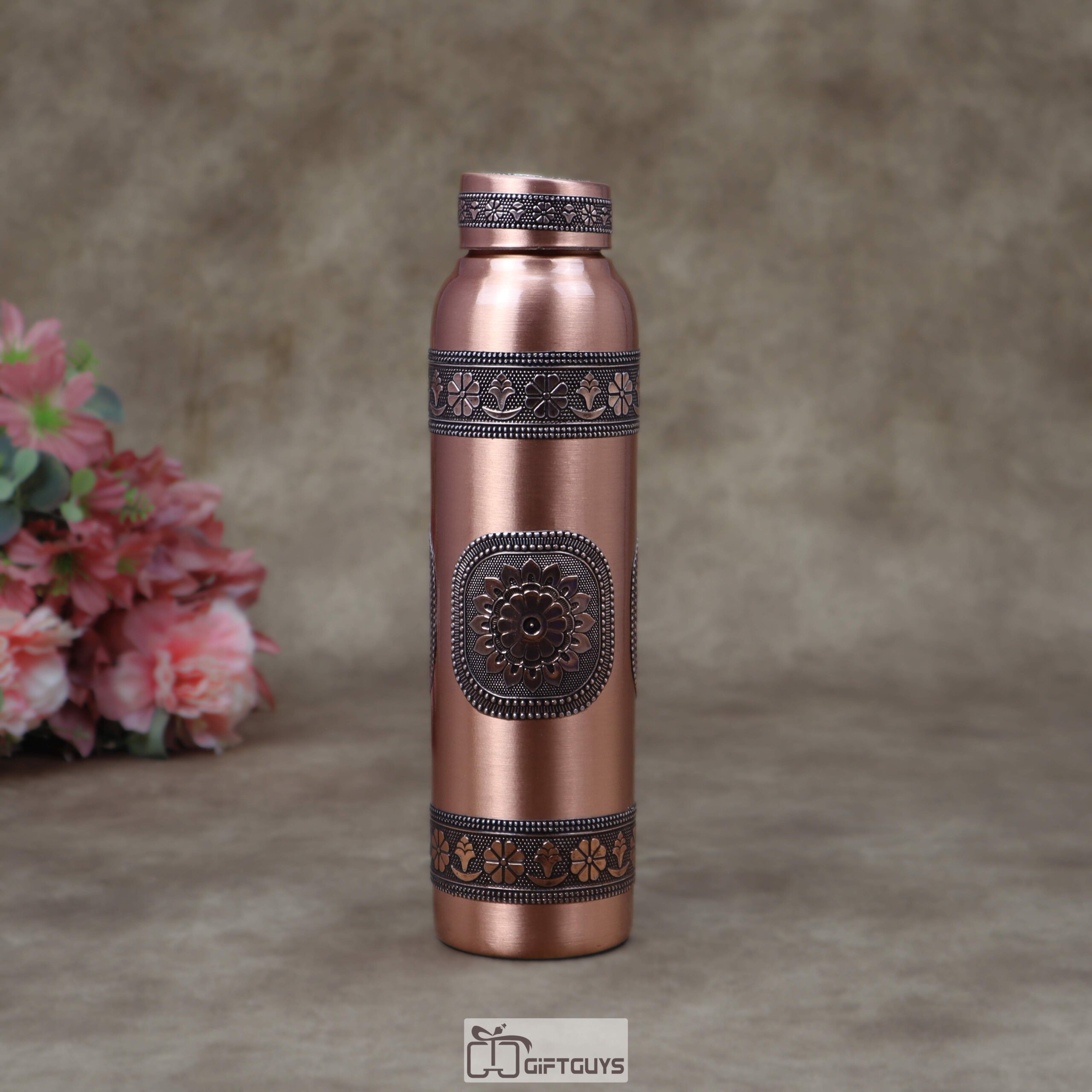 1 Litre Pure Copper Water Bottle with Embossed Aluminum Foil Design – 11 Inch Designer Ayurveda Health Bottle with Leak-Proof Cap