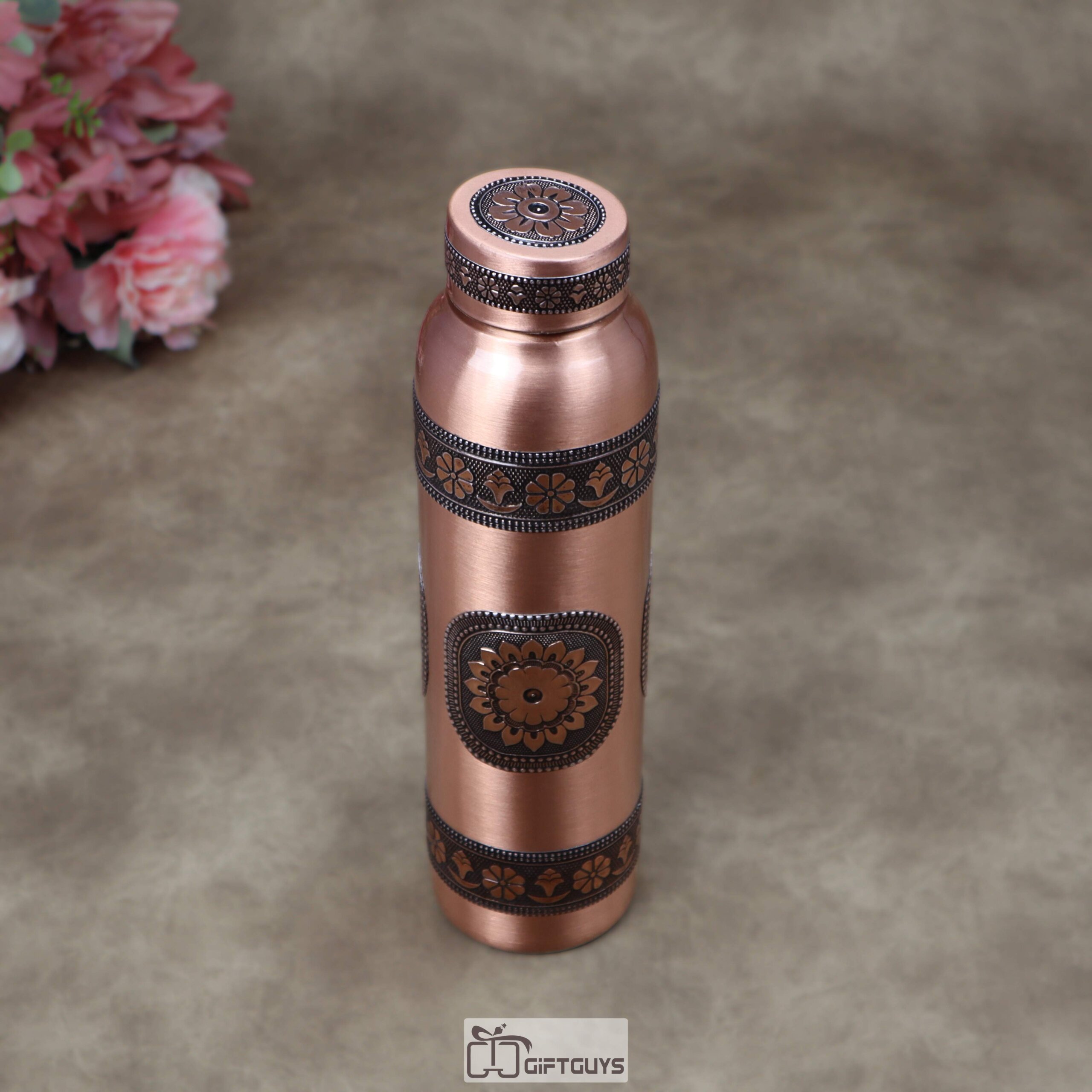 1 Litre Pure Copper Water Bottle with Embossed Aluminum Foil Design – 11 Inch Designer Ayurveda Health Bottle with Leak-Proof Cap - Image 2