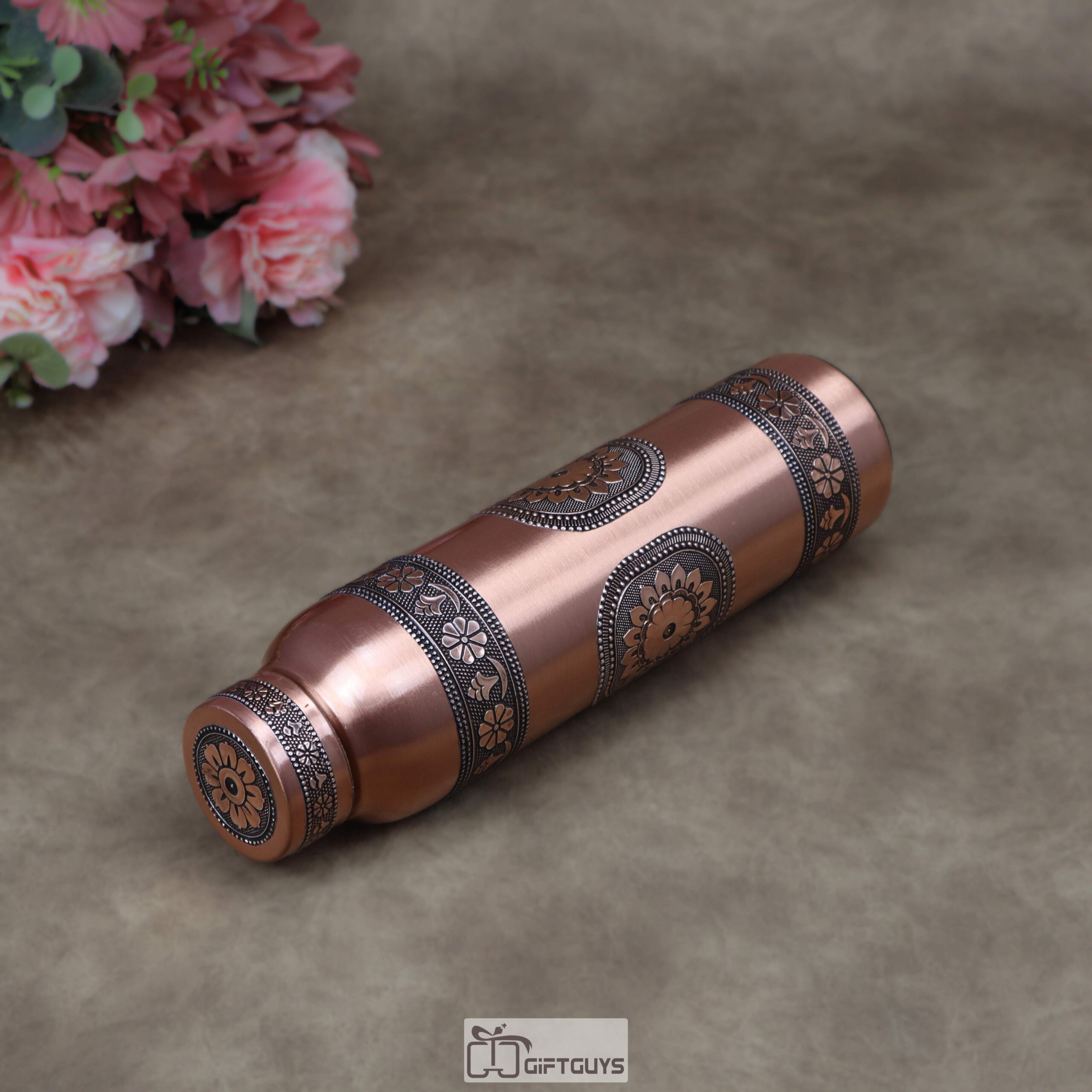1 Litre Pure Copper Water Bottle with Embossed Aluminum Foil Design – 11 Inch Designer Ayurveda Health Bottle with Leak-Proof Cap - Image 3