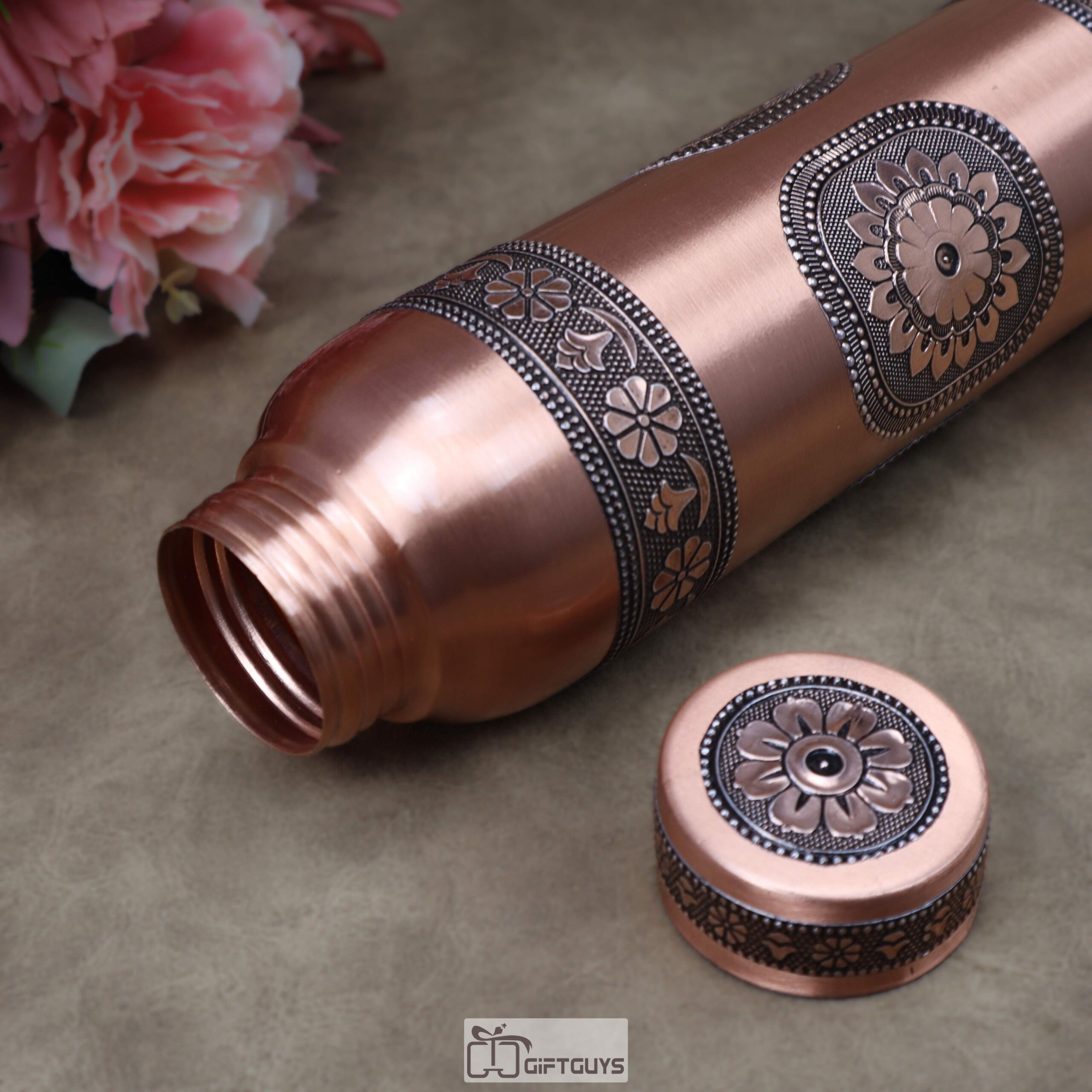 1 Litre Pure Copper Water Bottle with Embossed Aluminum Foil Design – 11 Inch Designer Ayurveda Health Bottle with Leak-Proof Cap - Image 4