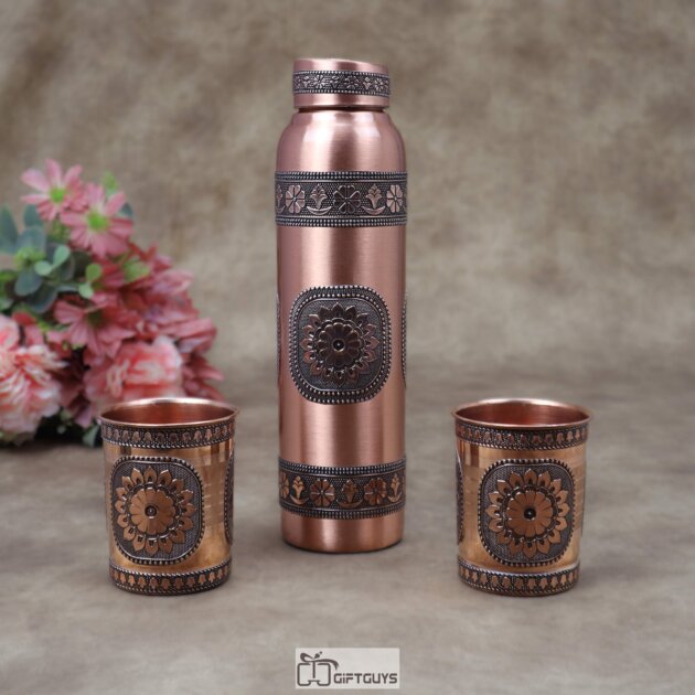 Pure Copper Water Bottle with 2 Matching Glasses Set (1 Litre Bottle & 250ml Tumblers) – Designer Embossed Foil Work Ayurveda Gift Combo