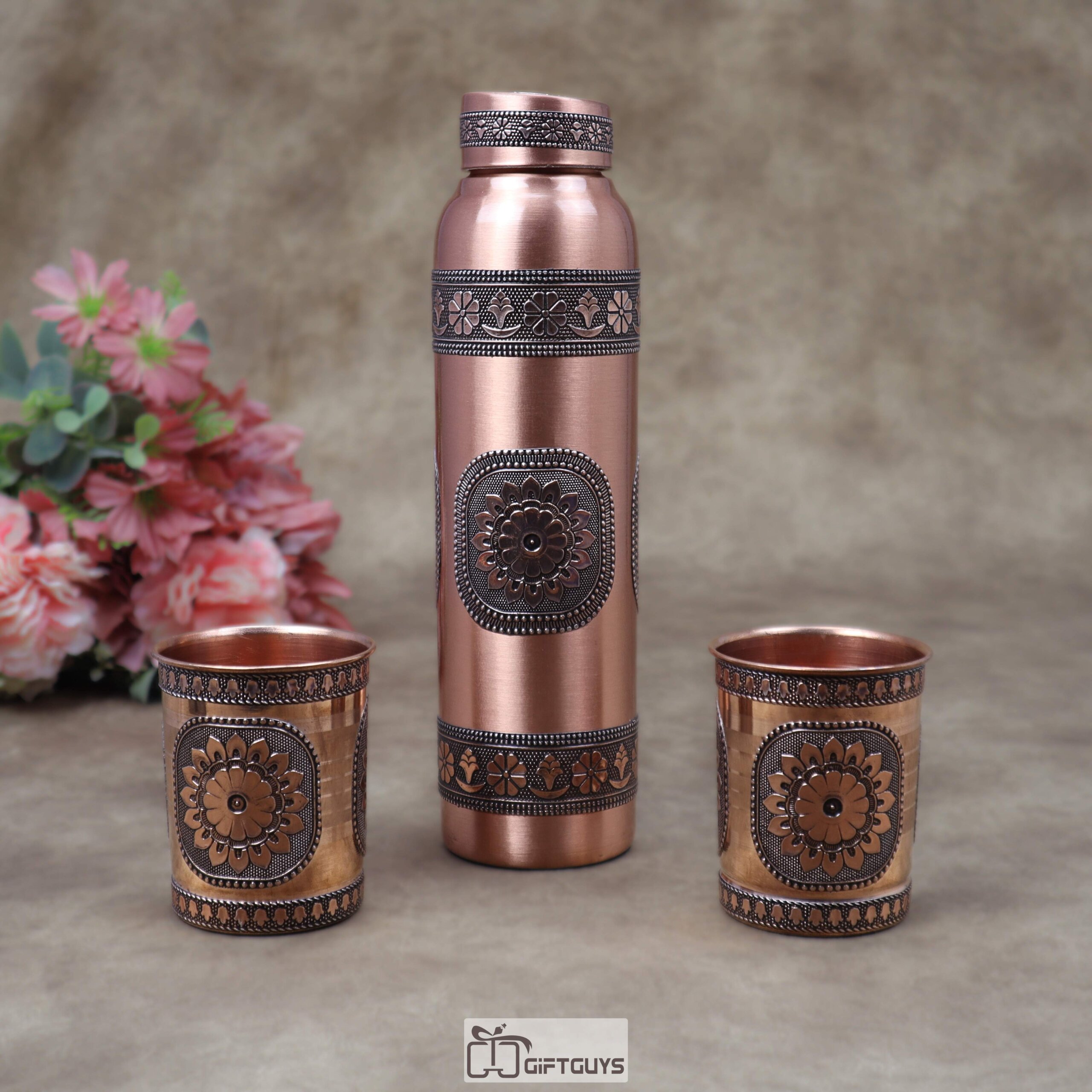 Pure Copper Water Bottle with 2 Matching Glasses Set (1 Litre Bottle & 250ml Tumblers) – Designer Embossed Foil Work Ayurveda Gift Combo