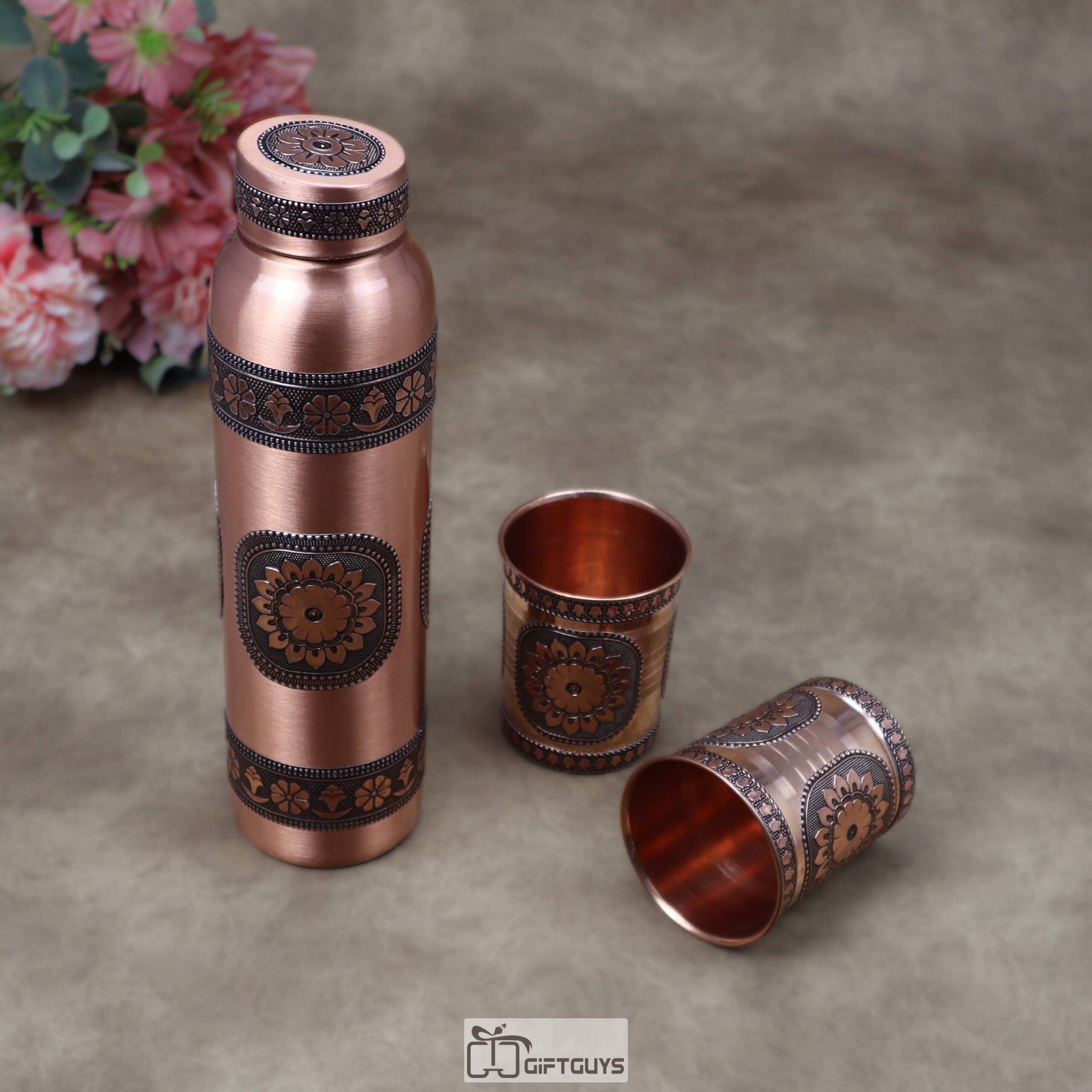 Pure Copper Water Bottle with 2 Matching Glasses Set (1 Litre Bottle & 250ml Tumblers) – Designer Embossed Foil Work Ayurveda Gift Combo - Image 2
