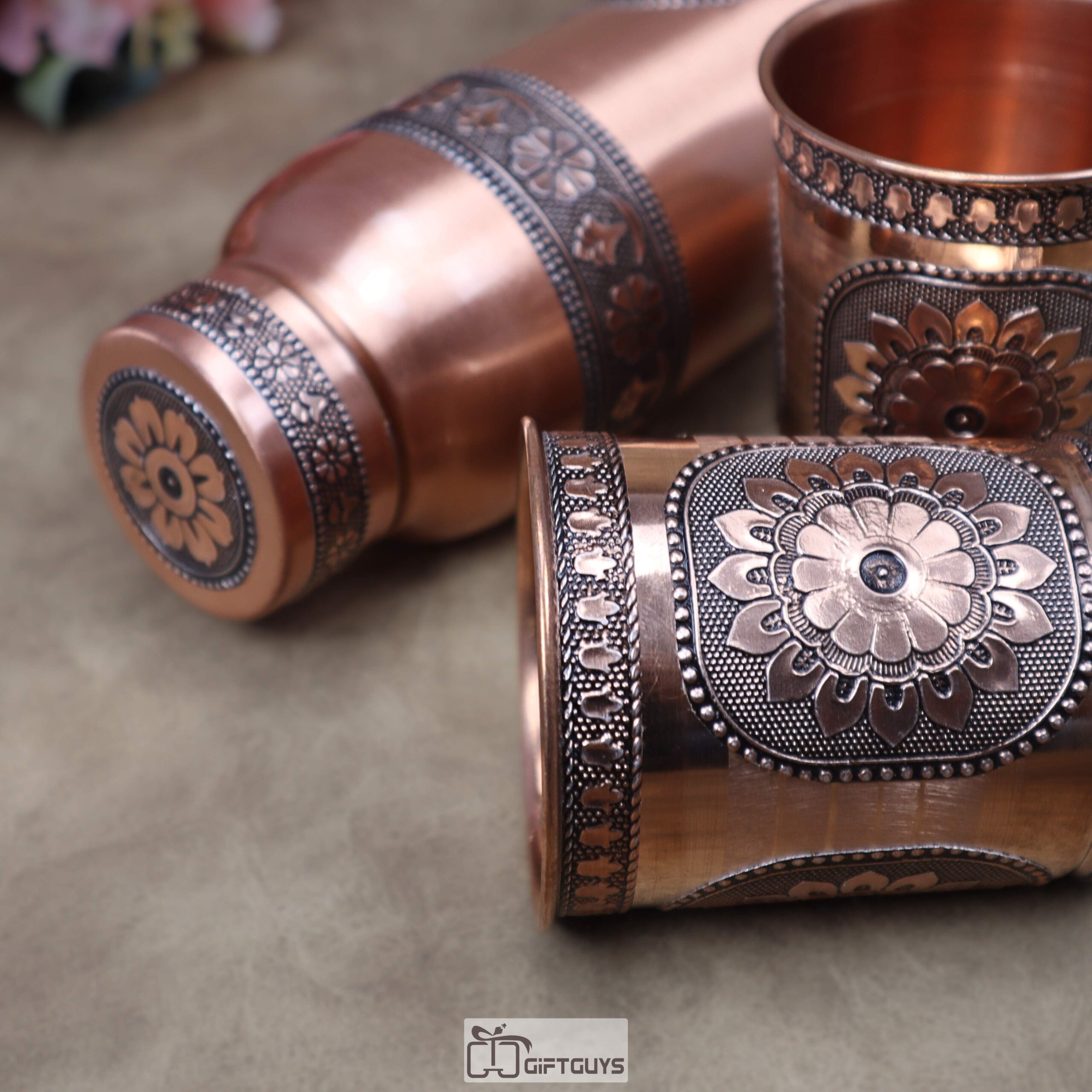Pure Copper Water Bottle with 2 Matching Glasses Set (1 Litre Bottle & 250ml Tumblers) – Designer Embossed Foil Work Ayurveda Gift Combo - Image 3