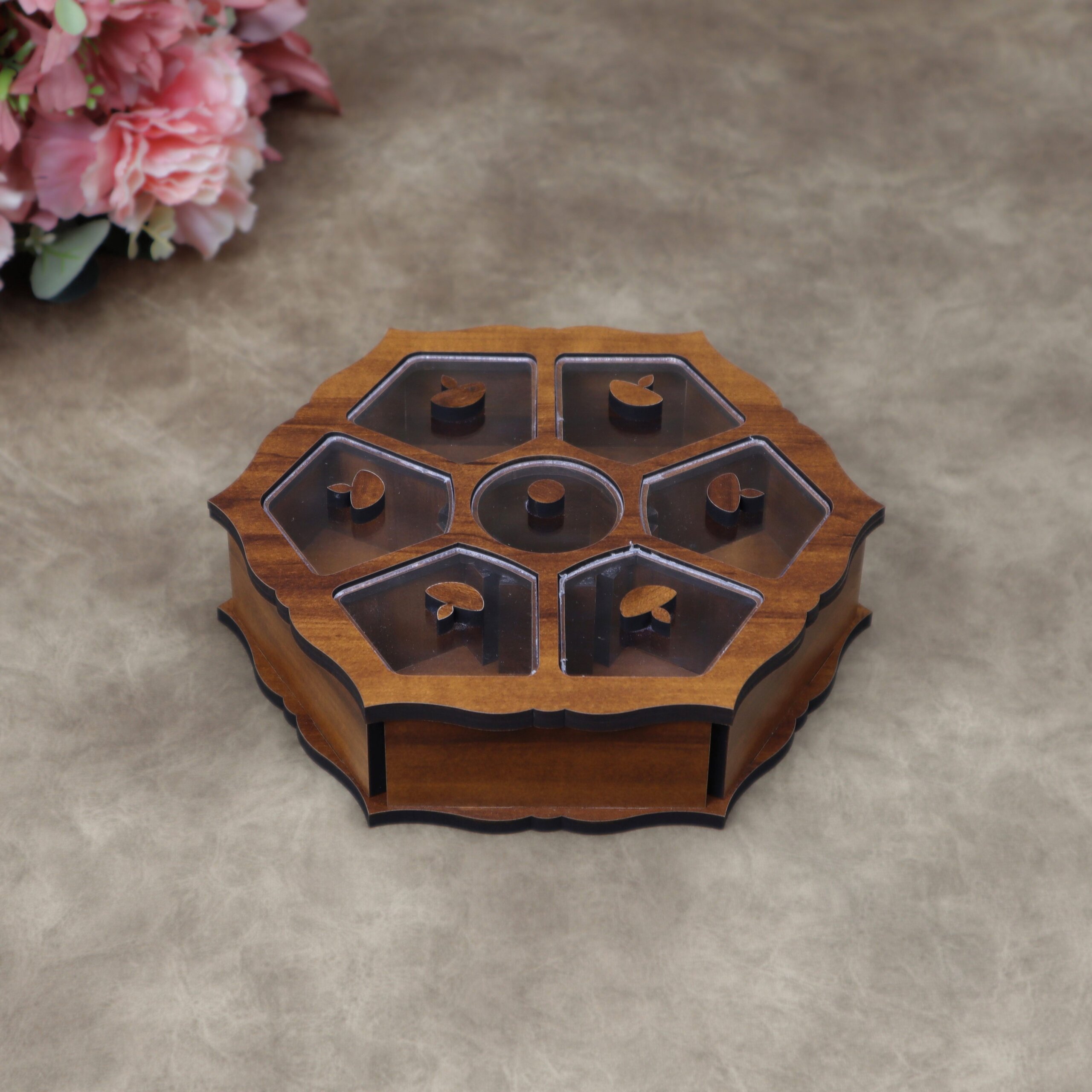 Handcrafted Flower Shaped Wooden Dry Fruit Box with 7 Compartments & Acrylic Lids