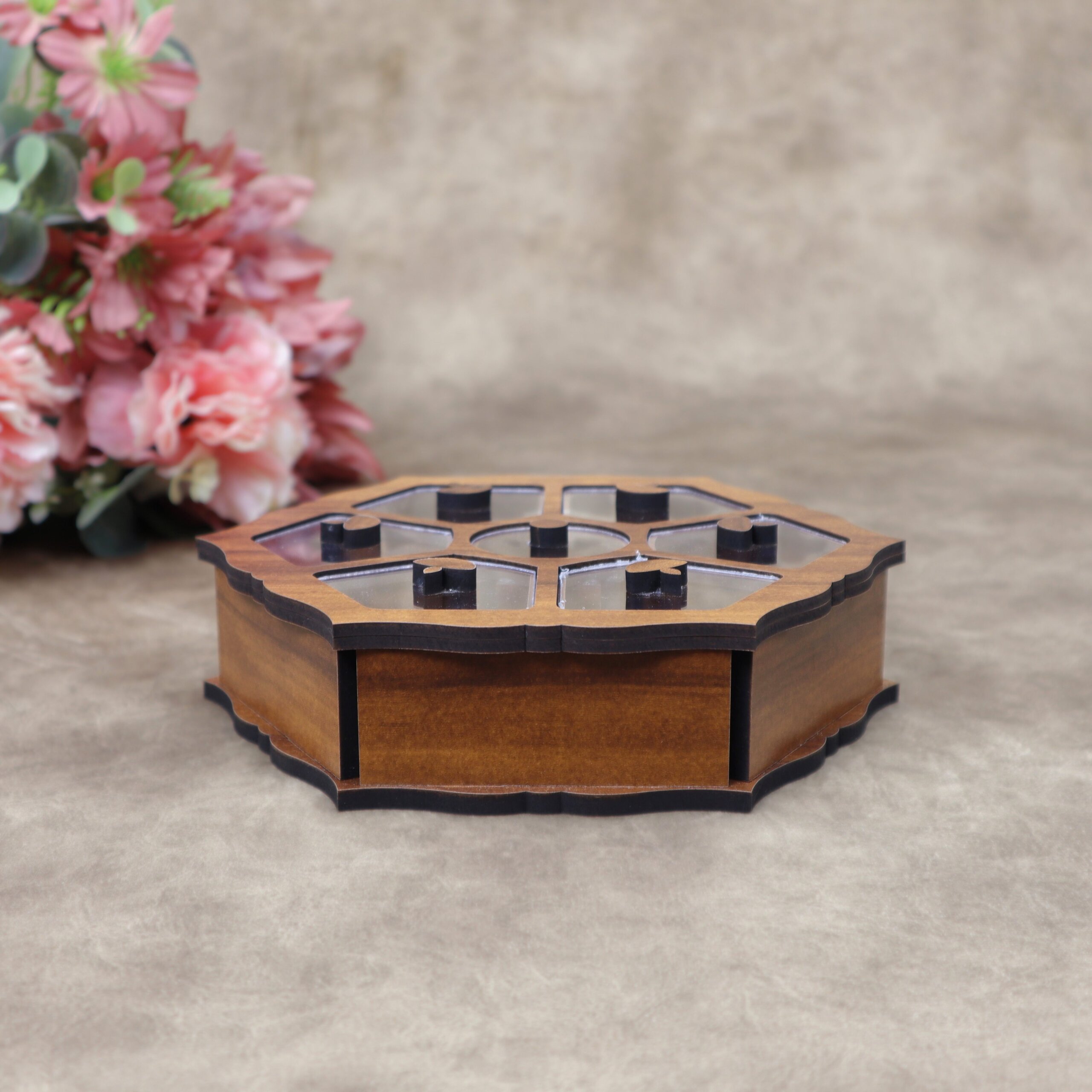 Handcrafted Flower Shaped Wooden Dry Fruit Box with 7 Compartments & Acrylic Lids - Image 2