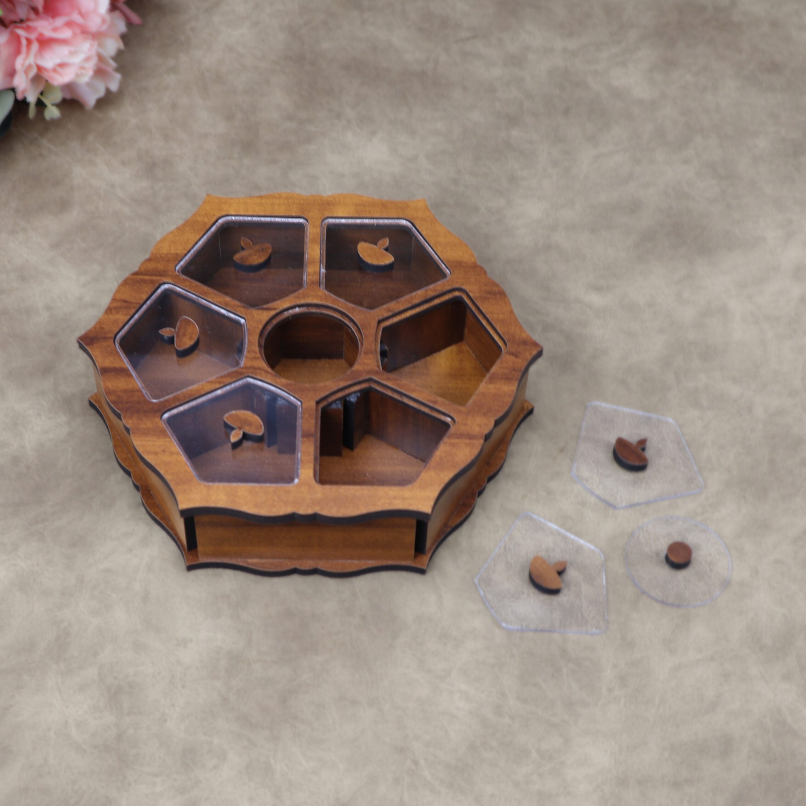 Handcrafted Flower Shaped Wooden Dry Fruit Box with 7 Compartments & Acrylic Lids - Image 3