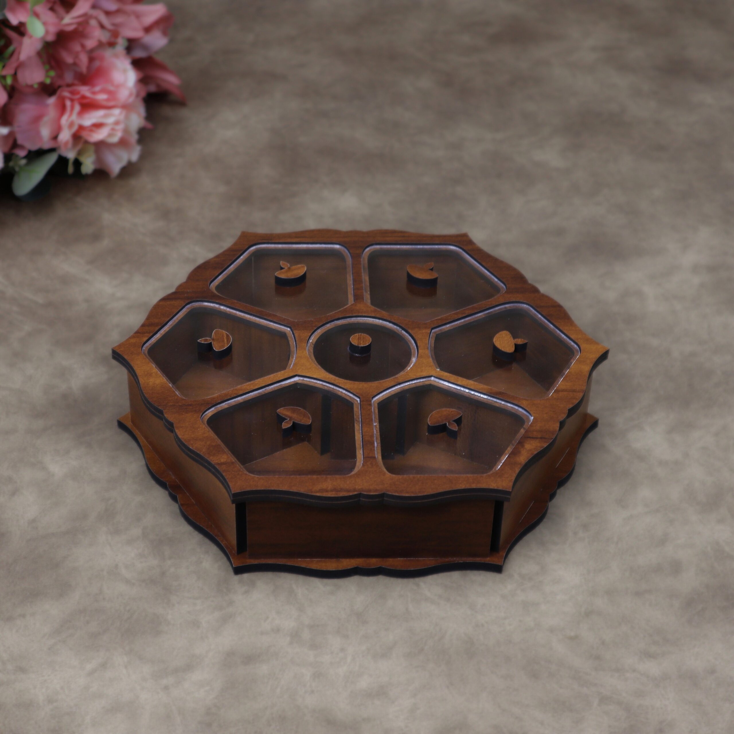 Handcrafted Flower Shaped Wooden Dry Fruit Box with 7 Compartments & Acrylic Lids - Image 4