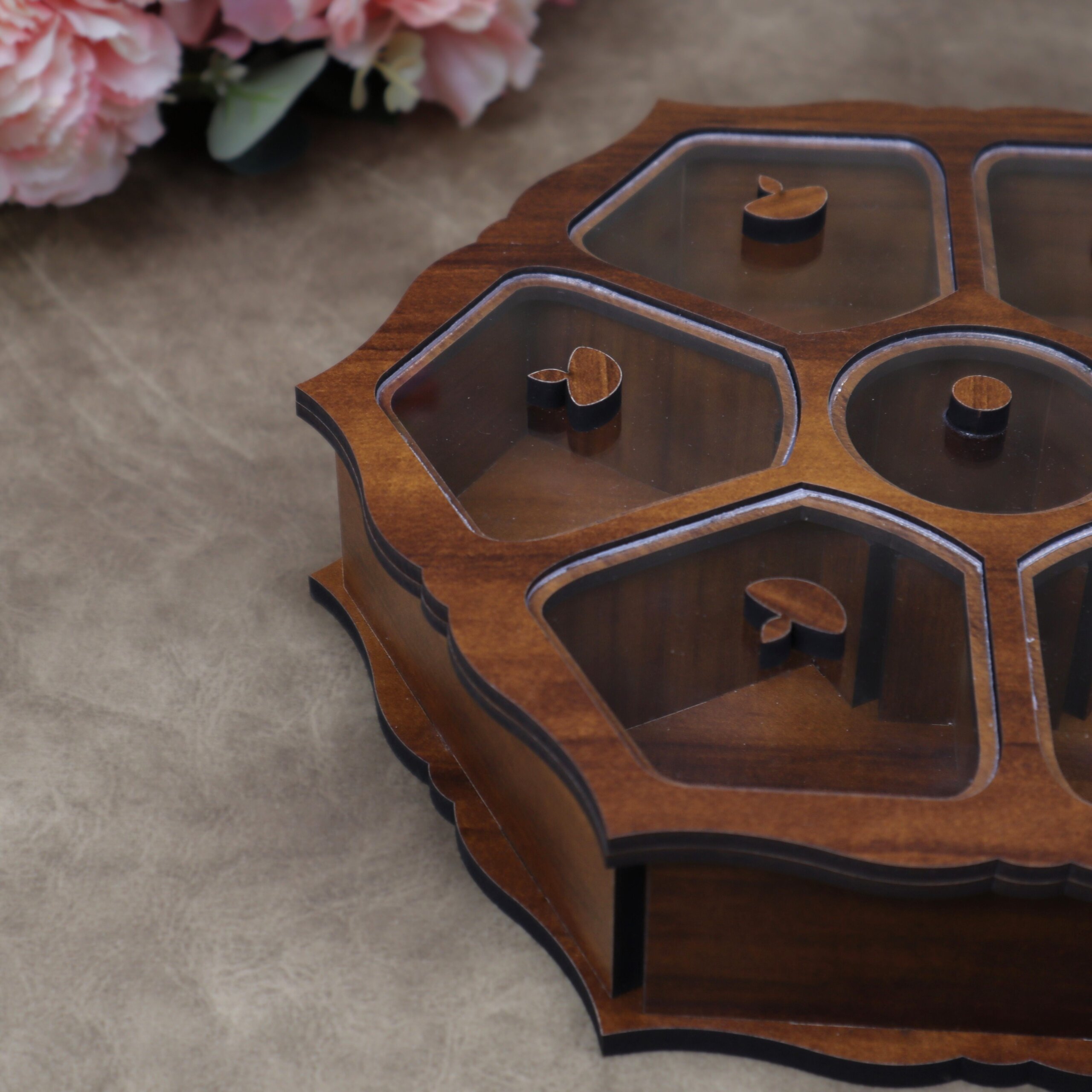 Handcrafted Flower Shaped Wooden Dry Fruit Box with 7 Compartments & Acrylic Lids - Image 5