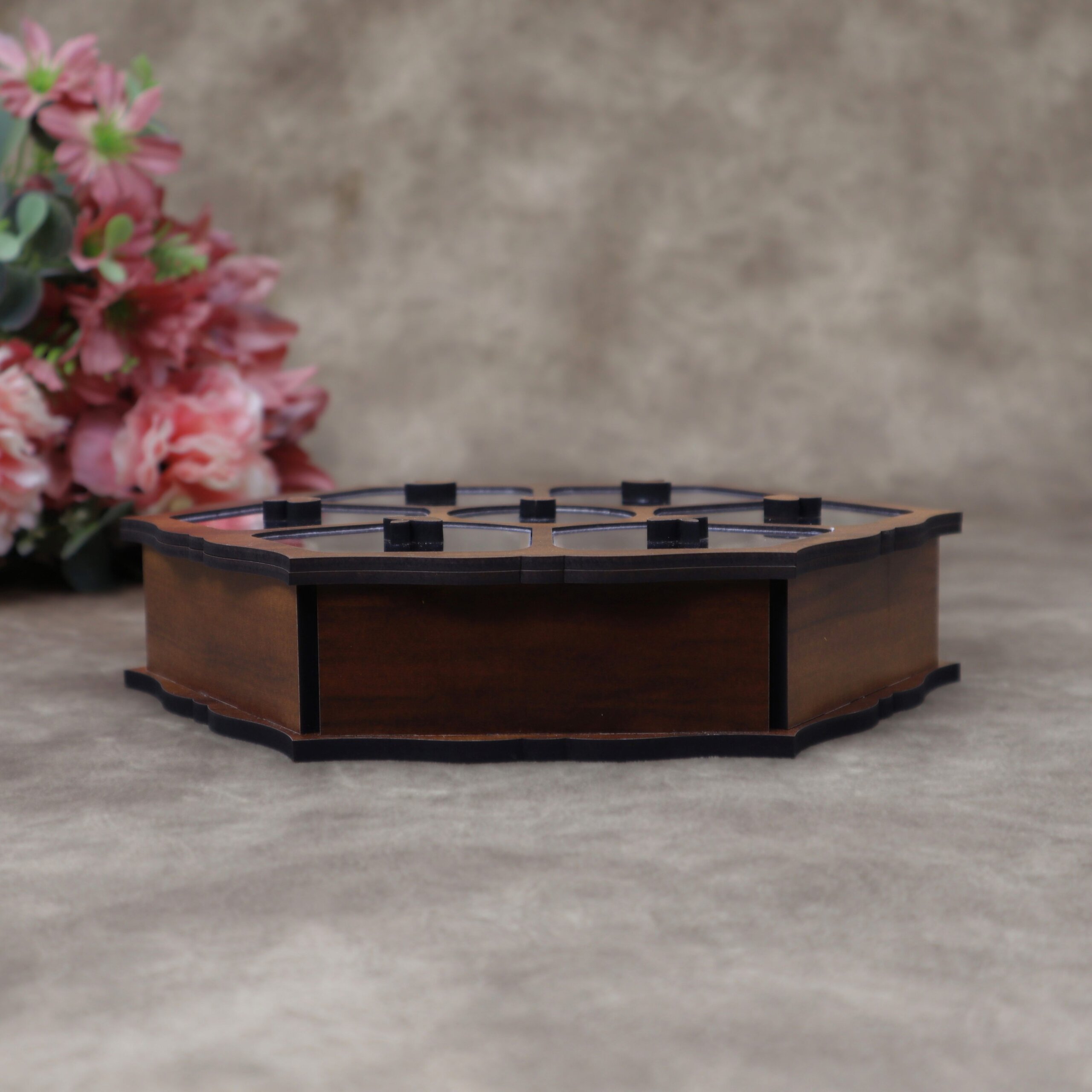 Handcrafted Flower Shaped Wooden Dry Fruit Box with 7 Compartments & Acrylic Lids - Image 6